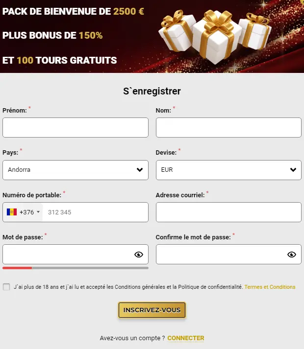 Formulaire d’inscription – création de compte joueur avec e-mail et mot de passe